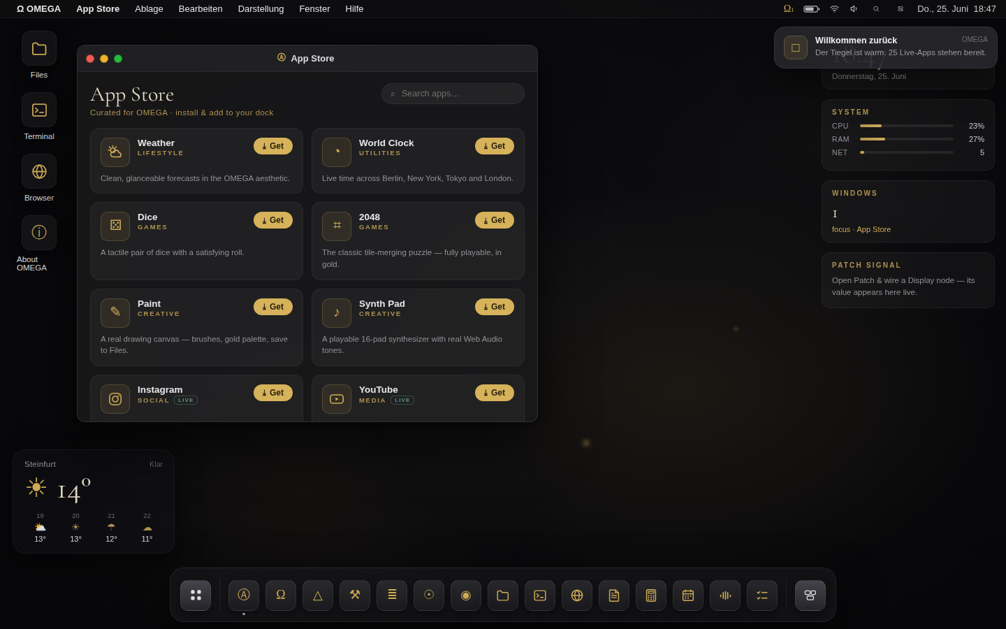 OMEGA OS – noir/goldenes Desktop-Betriebssystem im Browser mit App Store, Dock und System-Widgets